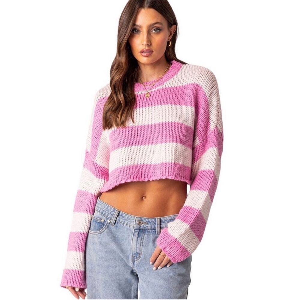Edikted Ozzy Cropped Womens Sweater XS/S Pink Striped Oversized Chunky Preppy